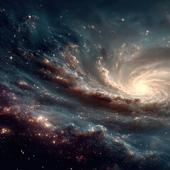 Fototapeta premium Dramatic view of a swirling galaxy with bright core and cosmic dust, showcasing the vastness of outer space, and the beauty of the universe with stars and nebulae in stunning detail