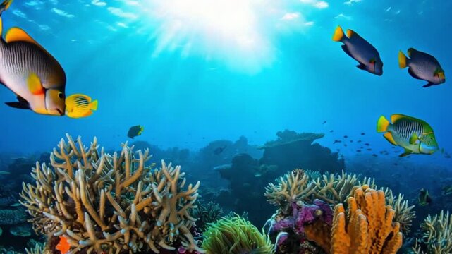 Vibrant Tropical Reef Fish Coral Stunning Underwater Ocean Scene Sunlight Rays Angelfish Butterflyfish Parrotfish Aquatic Life Nature Documentary 4 K High Definition Broadcast