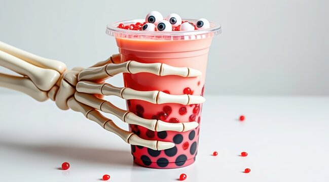Skeleton hand holding a spooky halloween bubble tea with candy eyes