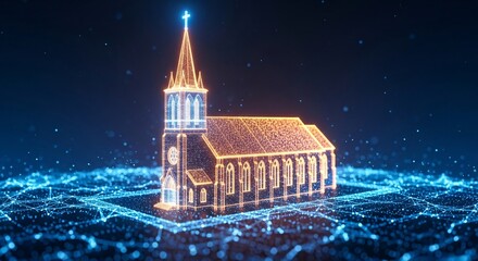 Digital church rendering with glowing cross and network connection for virtual worship concept
