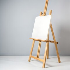 A wooden easel with a blank white canvas, set against a plain gray background.