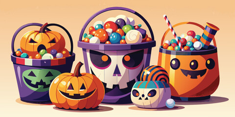 Cartoon Halloween Candy Illustration with a Dog Featuring Various Colorful Sweets