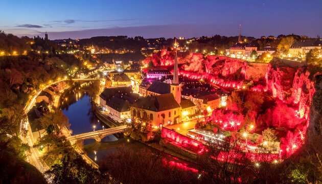 Historic European city at night with ancient casemates illuminated by vibrant red lights over a serene river.