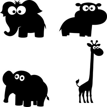 black and white sillhouette of a elephant and zarafa isolated white background