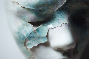 Cracked porcelain mask with blue accents displayed in a soft light revealing intricate details and textures capturing fragility