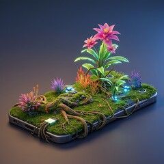 Futuristic smartphone with glowing plants and digital jungle growth