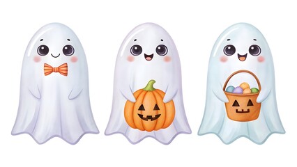 Fototapeta premium Three cute watercolor ghosts with halloween decorations
