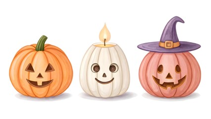 Three halloween pumpkins with carved faces and a candle