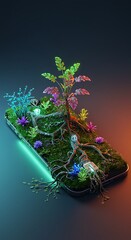 Futuristic smartphone with glowing plants and digital jungle growth