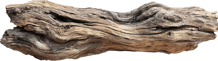 A studio shot of a weathered piece of driftwood showcasing its intricate grain patterns and natural texture on a transparent background