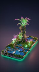 Futuristic smartphone with glowing plants and digital jungle growth