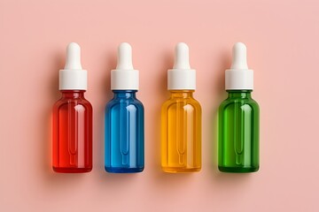 Colorful Dropper Bottles on Pink Background – Clean Product Display