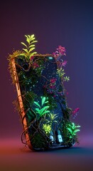 Futuristic smartphone with glowing plants and digital jungle growth