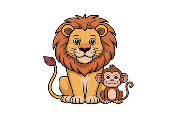 Fototapeta premium Friendly lion and monkey animals cartoon