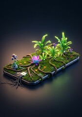 Futuristic smartphone with glowing plants and digital jungle growth