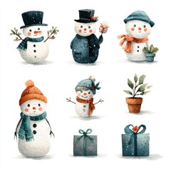 Snowmen decorate a winter scene with cheerful accessories and seasonal plants during a snowy day
