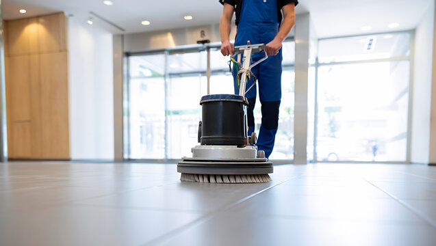 Professional janitor using floor polishing machine cleaning modern office apartment building lobby with industrial equipment for commercial maintenance services