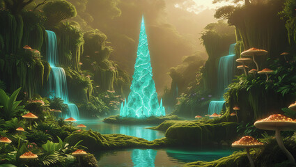 Mystical jungle valley with glowing crystal spire and waterfalls. Perfect for fantasy game art, epic book covers, and magical landscape wallpapers.