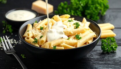 Creamy penne pasta with cheese with parsley, and sauce on black bowl, and dinner.