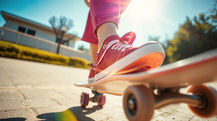 Young person skateboarding in sneakers on wooden skateboard deck in urban residential neighborhood street setting for active lifestyle sports