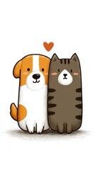 Adorable dog and cat cartoon characters sharing a moment of friendship with a heart symbol
