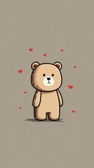 Cute cartoon bear surrounded by hearts on a simple background expressing love and affection