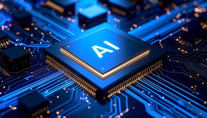 AI microchip on circuit board, glowing blue