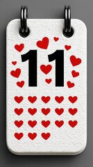 Calendar page showing the number eleven surrounded by red hearts to celebrate a special occasion