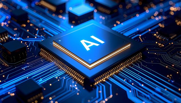 AI microchip on circuit board, glowing blue - Powered by Adobe