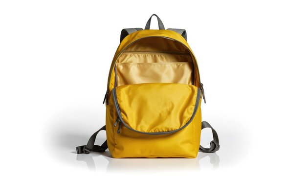 Bright yellow backpack open with gray zipper pocket and shoulder strap. Interior gray lining. Lightweight travel bag for school, college, or everyday use. Durable, stylish, and functional. - Powered by Adobe