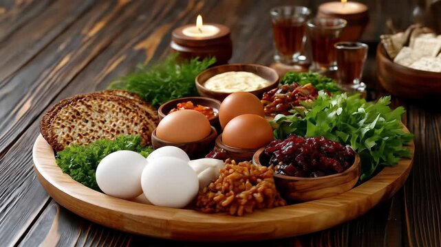 A Passover Seder plate is beautifully arranged with matzah, eggs, and other traditional foods, embodying the essence of the Jewish holiday and its rich traditions.