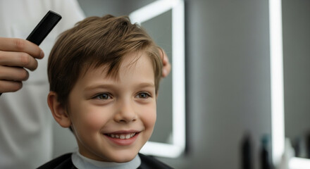 Young boy smiling during haircut at modern salon, cheerful child enjoying hair styling, happy kid with brown hair in professional barbershop chair
