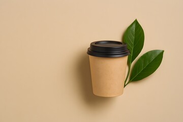 Eco-Friendly Coffee Cup with Green Leaves on Beige Background