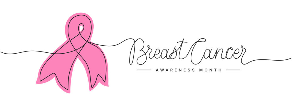 Breast Cancer Awareness Month words in continuous one line art style. Minimalist black drawing with pink ribbon on white background. Hand drawn quote with editable stroke. Outline handwritten script