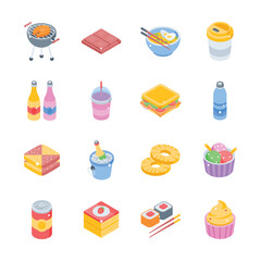 Have a look at this collection of food items and refreshing drinks isometric icons