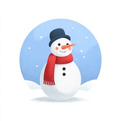 Snowman stands in a winter landscape with a blue background and falling snowflakes