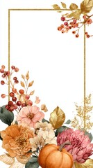 Beautiful floral arrangement features autumn elements with pumpkins and golden accents in a decorative frame for seasonal decor