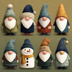 Colorful holiday gnomes and a snowman celebrate winter magic in a snowy landscape