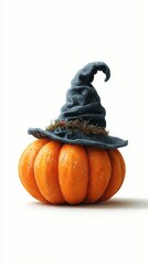 Pumpkin with a witch hat on a white background displaying Halloween spirit and seasonal decor