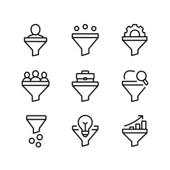 Sales funnel strategy icon set. Outline symbols. Line design