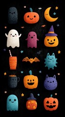 Colorful Halloween themed illustration featuring cute ghosts, pumpkins, and festive elements in a whimsical design