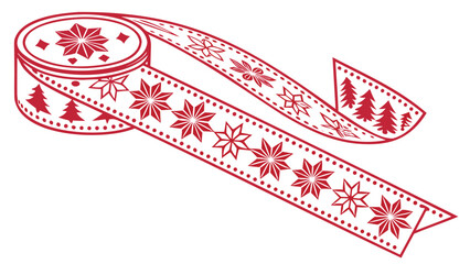 Decorative red ribbon roll with star and christmas tree pattern on white background for gift wrapping