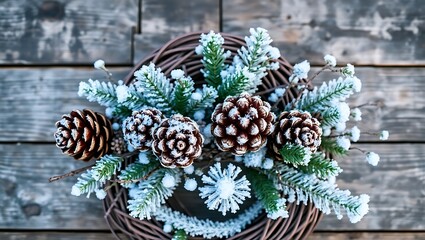 A rustic winter wreath with frosted pine cones and evergreen branches on a wooden background