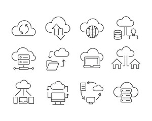 Set line icons related to data exchange, data, traffic, files, cloud, server. Outline icon collection. Editable stroke. Vector illustration.
