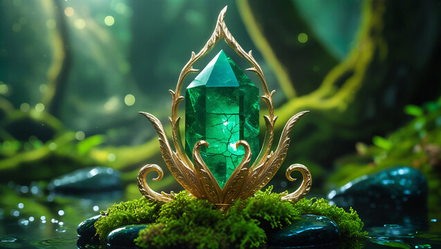 Radiant fantasy crystal in intricate gold frame, surrounded by luminous enchanted forest, magical aura and cinematic clarity, great for posters and digital art.