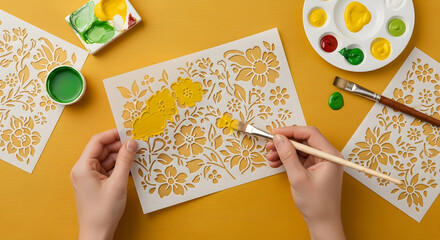 Artistic expression with stencils and vibrant colors creating floral patterns on paper