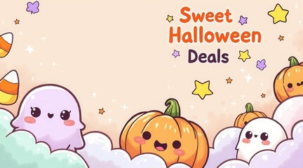 Fototapeta premium Kawaii halloween characters and sweet deals announcement