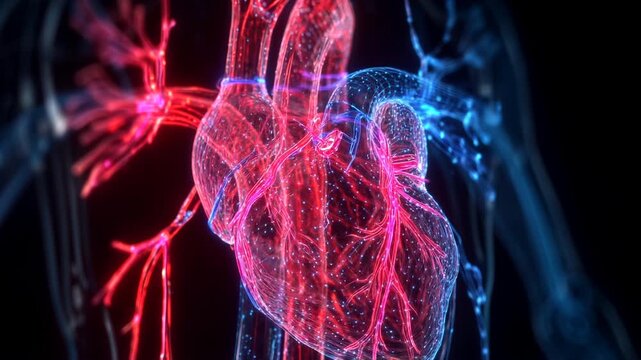 3D medical imaging of the human heart vessels. The heart's translucent chambers allow the major parts of the aorta to be seen