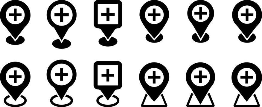 Medical location pin icon set. emergency services occupation.  global positioning system. pin sign symbols. healthcare map marker

