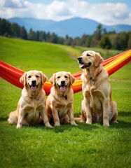 Three dogs rest under vibrant red hammock in green field. Two tan dogs sit on ground facing away from camera. Red dog sits to left under tall green trees stretching across horizon. Clear blue sky
